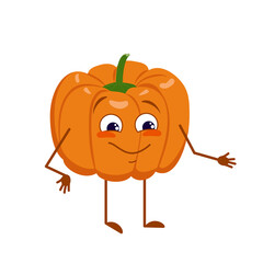 Cute pumpkin character with joy emotions, smiling face, happy eyes, arms and legs. Festive decoration for Halloween. A mischievous vegetable hero