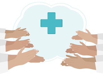 Medical success concept. Many hands in white coats applaud.