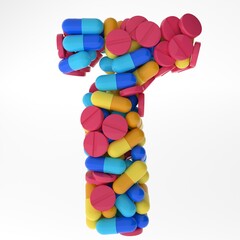 Letter Zayin made of various colorful pills and tablets. 3d illustration medical's font. isolated on white background