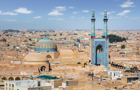 The aerial view of the Jameh Mosque of Yazd is crowned by a pair of minarets, the highest in Iran, 52 meters in height and 6 meters in diameter.