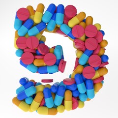 Hebrew Letter Pe made of various colorful pills and tablets. 3d illustration medical's font. isolated on white background