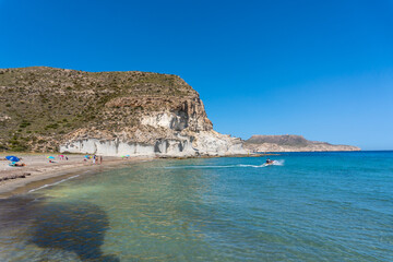 Fototapeta na wymiar Playa de Enmedio in Cabo de Gata on a beautiful summer day, Almería. Mediterranean sea, spain