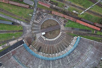 Railway turntable for locomotives aerial view 