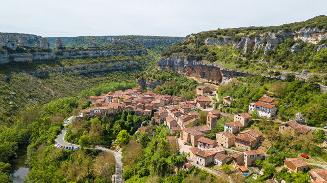 aerial view of orbaneja del castillo medieval town in Burgos province, spain