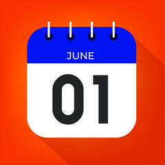 June day 1. Number one on a white paper with blue color border on a orange background vector.