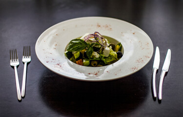 Light salad with olives. Sorting option for filing.