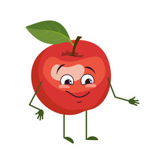 Cute apple character with joy emotions, smiling face, happy eyes, arms and legs. A mischievous red fruit hero