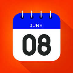 June day 8. Number eight on a white paper with blue color border on a orange background vector.