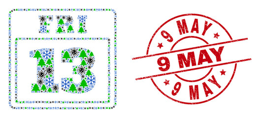 Winter viral collage 13 friday calendar page, and distress 9 May red round stamp seal. Collage 13 friday calendar page is designed with Covid, forest, and snowflake icons.