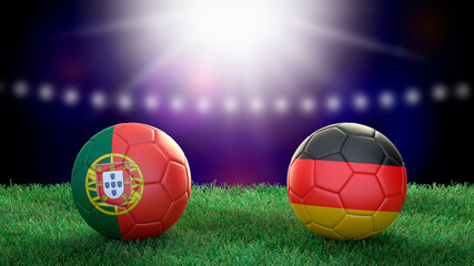 Fototapeta premium Two soccer balls in flags colors on stadium blurred background. Portugal and Germany. 3d image