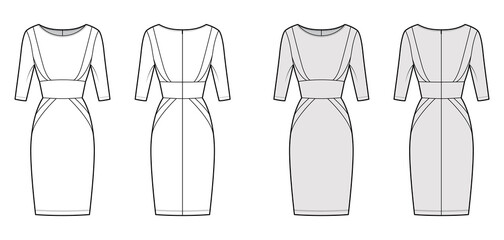 Naklejka premium Dress panel tube technical fashion illustration with hourglass silhouette, elbow sleeves, fitted body, knee length skirt. Flat apparel front, back, white, grey color style. Women men unisex CAD mockup