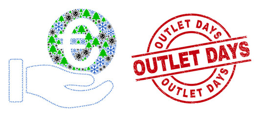 Winter Covid-2019 mosaic euro coin donation hand, and dirty Outlet Days red round watermark. Mosaic euro coin donation hand is done with Covid-2019, forest, and ice crystal items.