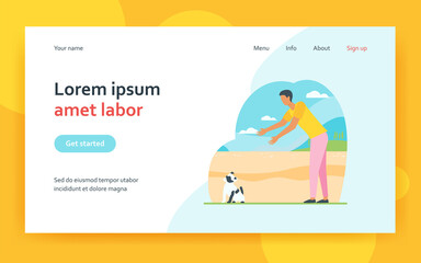 Man walking with dog outdoors. Guy reaching hands for picking puppy from ground flat vector illustration. Animal care, pet adoption concept for banner, website design or landing web page