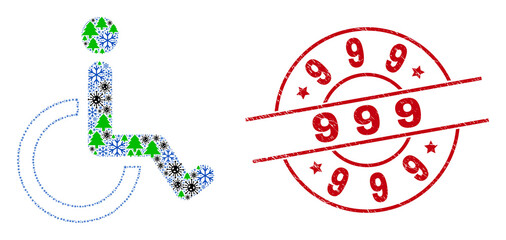 Winter Covid-2019 combination wheelchair, and dirty 999 red round stamp seal. Collage wheelchair is constructed of coronavirus, green tree, and snow symbols. Red 999 seal uses circles and lines.