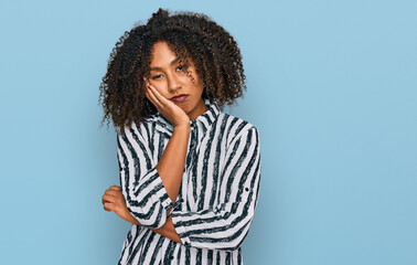 Young african american girl wearing casual clothes thinking looking tired and bored with depression problems with crossed arms.