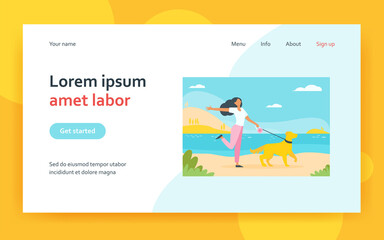 Happy woman walking dog on leash outdoors. Girl with pet near lake, landscape, water flat vector illustration. Animal care, leisure, lifestyle concept for banner, website design or landing web page