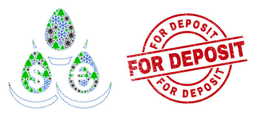 Winter viral mosaic currency deposit eggs, and unclean For Deposit red round stamp seal. Collage currency deposit eggs is composed from Covid-2019, forest, and snowflake items.