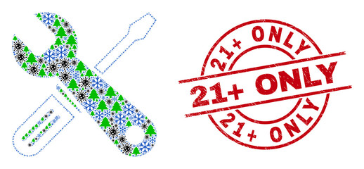 Winter Covid composition repair tools, and textured 21+ Only red round watermark. Collage repair tools is formed of Covid-2019 virus, green tree, and snowflake icons.