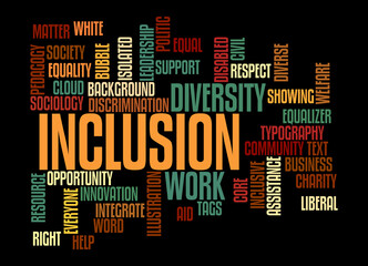 Word Cloud with INCLUSION concept, isolated on a black background
