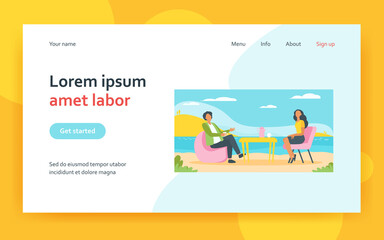 Couple drinking tea in cafe on nature. Lake, cup, rest flat vector illustration. Vacation and leisure concept for banner, website design or landing web page