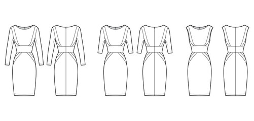 Set of Dresses panel tube technical fashion illustration with hourglass silhouette, long elbow sleeves, knee length skirt. Flat apparel front, back, white color style. Women, unisex CAD mockup