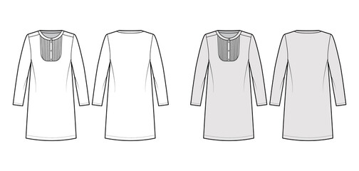 Dress bib pintucked technical fashion illustration with long sleeve, oversized body, henley neckline, knee length pencil skirt. Flat apparel front, back, white, grey color style. Women, men unisex CAD