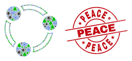 Winter coronavirus collage collaboration, and dirty Peace red round stamp imitation. Collage collaboration is formed of SARS virus, fir-tree, and snowflake icons.