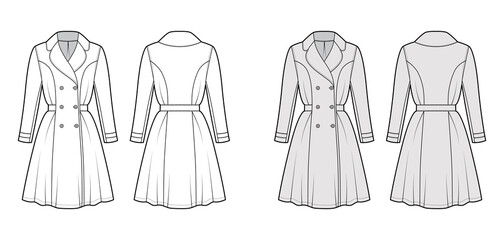 Dress coat trench technical fashion illustration with double breasted, long sleeve, fitted body, knee length semi-circular skirt. Flat apparel front, back, white, grey color style. Women, CAD mockup