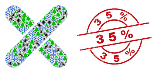 Winter Covid-2019 collage x-cross, and distress 35% red round seal. Collage x-cross is designed with flu virus, green tree, and snow flake items. Red 35% seal uses circles and lines.
