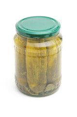 Pickled cucumbers in a glass jar on a white background