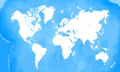 Vector illustration of world map on textured watercolor style soft blue background