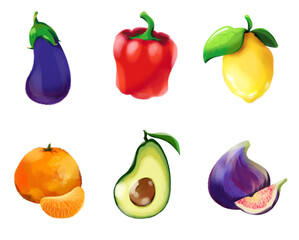 fruits and vegetables set on white background
