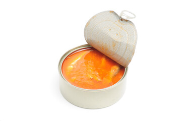 Tinned fish in tomato sauce on a white plate