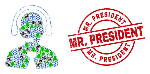 Winter Covid composition call center manager, and distress Mr. President red round stamp seal. Collage call center manager is composed with Covid-2019, green tree, and ice crystal symbols. Red Mr.