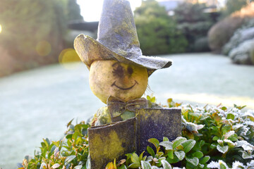 Close up of the doll wearing hat on bush in garden with ice cystal crover on green grasses with sunflare from morning light in winter season. Nature background.