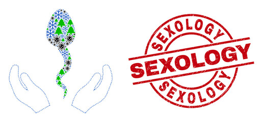 Winter Covid-2019 collage sperm care hands, and scratched Sexology red round badge. Mosaic sperm care hands is designed of Covid, forest, and ice crystal icons.