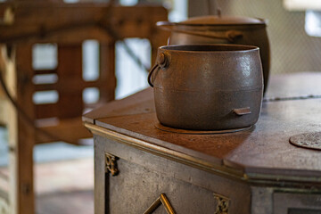 Wood stove. Vintage Cina with cast iron pots
