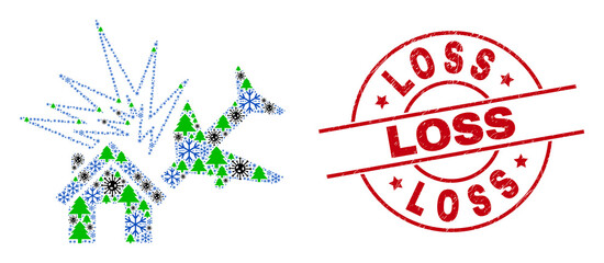 Winter coronavirus combination airplane disaster, and Loss red round seal. Collage airplane disaster is done with coronavirus, green tree, and snow items. Red Loss stamp seal uses circles and lines.