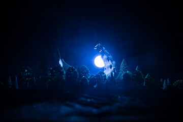 Animal bone in dark Halloween night with fog and light on background / Selective focus and space for text. Abstract horror concept