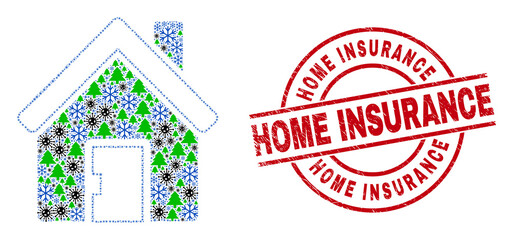 Winter pandemic collage home, and Home Insurance red round seal. Collage home is done with Covid-2019, fir tree, and snow symbols. Red Home Insurance seal uses circles and lines.