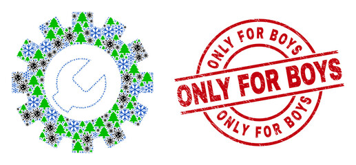 Obraz premium Winter Covid composition setup tools, and scratched Only for Boys red round stamp print. Collage setup tools is composed with Covid, fir-tree, and snow flake icons.