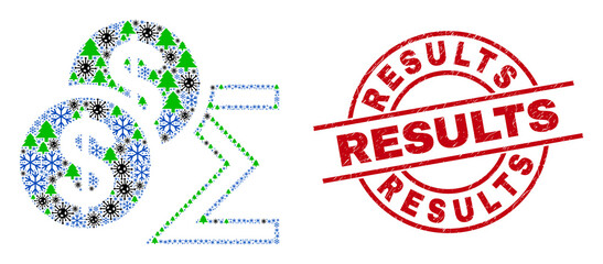 Winter Covid collage dollar sum, and grunge Results red round stamp. Mosaic dollar sum is done of virus, forest, and snow items. Red Results stamp uses circles and lines.