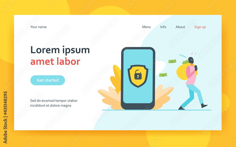 Poster criminal hacking personal data and stealing money. hacker carrying bag with cash from unlock phone f