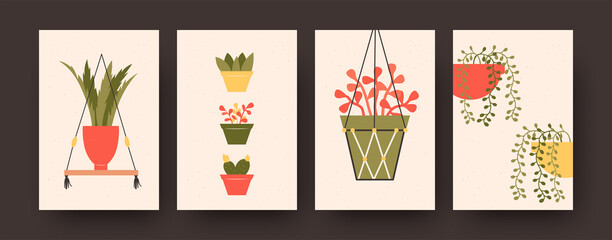 Set of contemporary art posters with potted plants. Flowers in hanging baskets pastel vector illustrations. Houseplants concept for kitchen or living room designs, social media, postcards