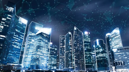 Smart digital city with globalization abstract graphic showing connection network . Concept of future 5G smart wireless digital city and social media networking systems .