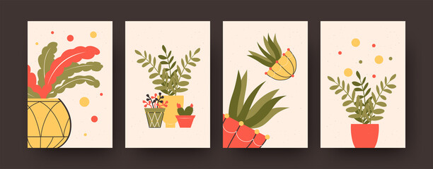 Fototapeta na wymiar Set of contemporary posters with different potted plants. Aloe and flowers in pots pastel vector illustrations. Houseplants concept for kitchen or living room designs, social media, postcards