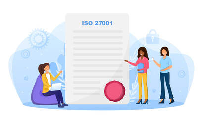 Three young female characters are presenting ISO 27001 certificate with stamp