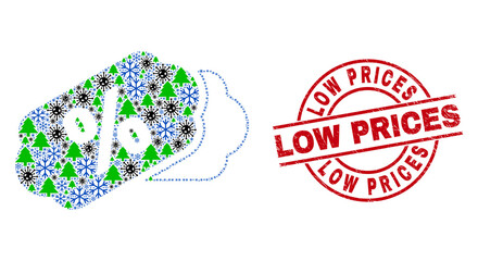 Winter Covid-2019 collage percent tags, and unclean Low Prices red round stamp imitation. Collage percent tags is created with virus, green tree, and snow flake symbols.