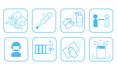 マスク、消毒、除菌、手洗い、換気、体温計、空気清浄機のイラスト