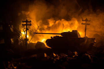 War Concept. Military silhouettes fighting scene on war fog sky background, World War Soldiers...